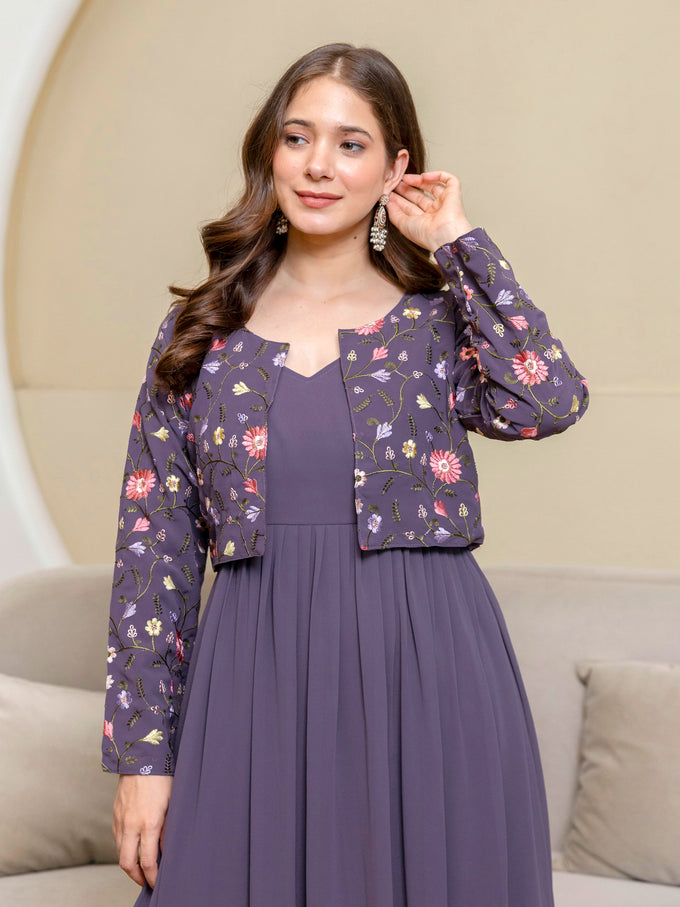 Purple Georgette Embroidery Work Anarkali Flared Kurti With Jacket For Women