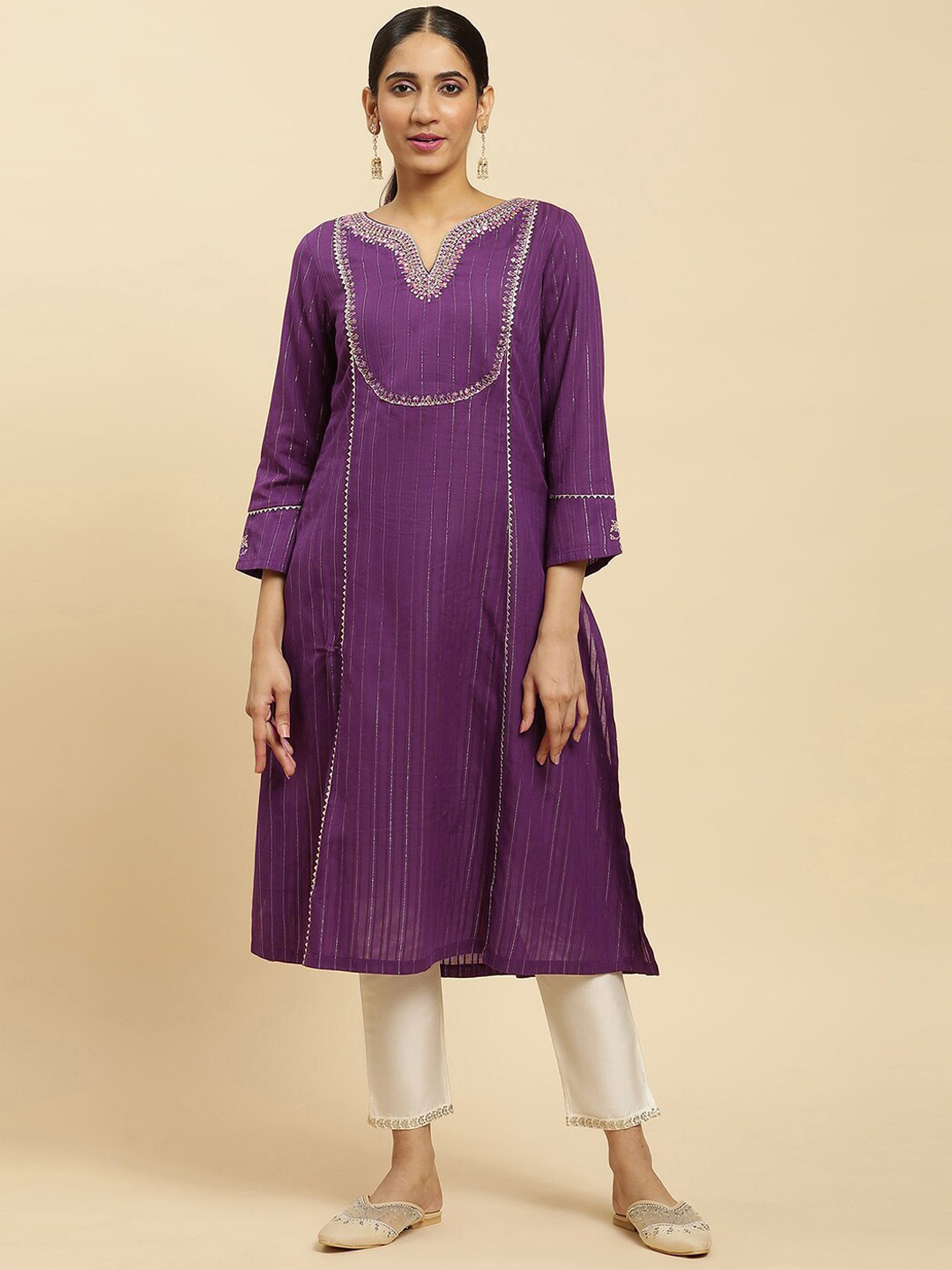 Cotton Embroidery Kurti 3/4 Sleeve Calf Length Stright Kurti for Women Trendmalls