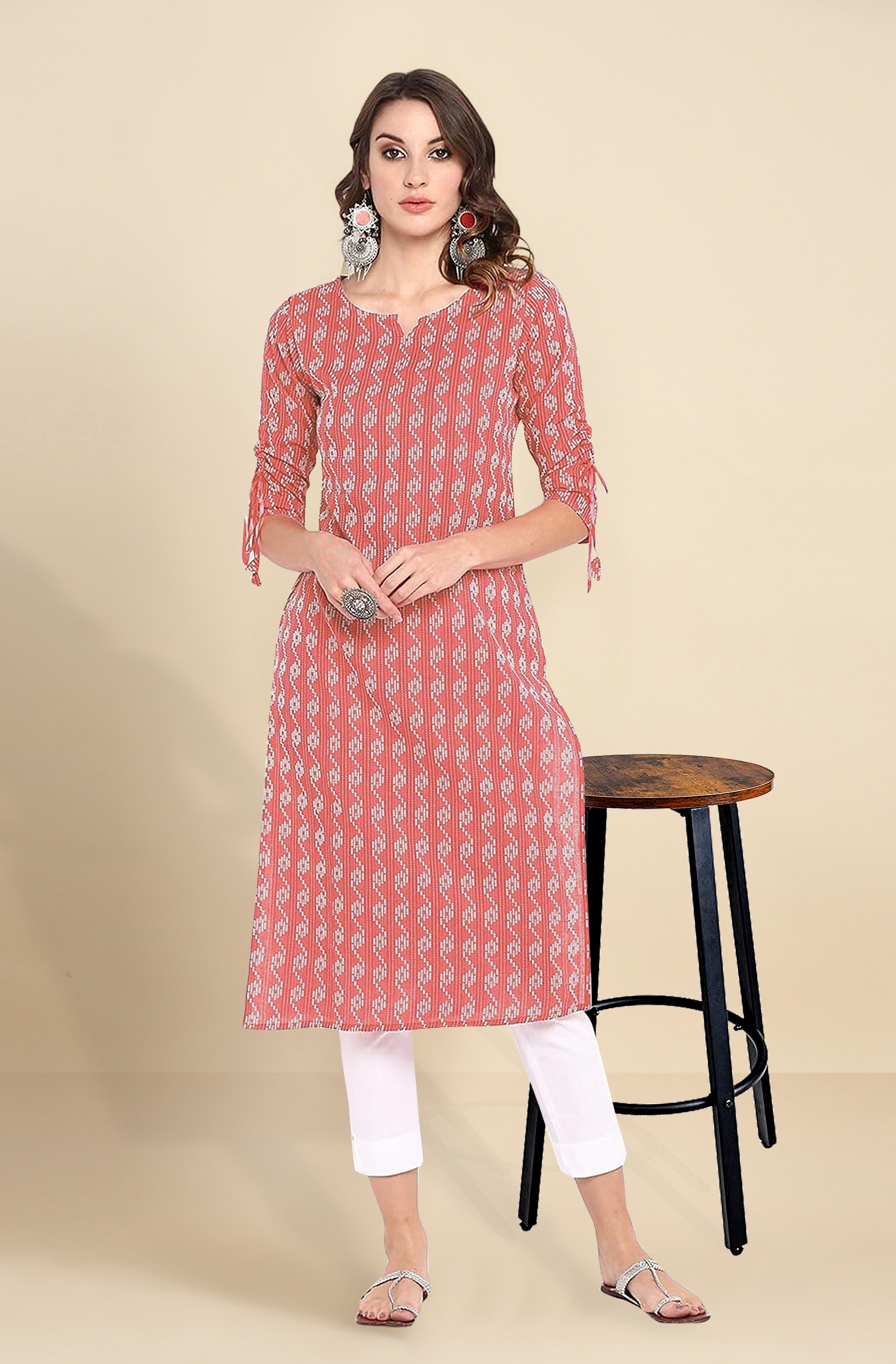 Red Cotton Embroidery Kurti 3/4 Sleeve Calf Length Stright Kurti for Women Trendmalls