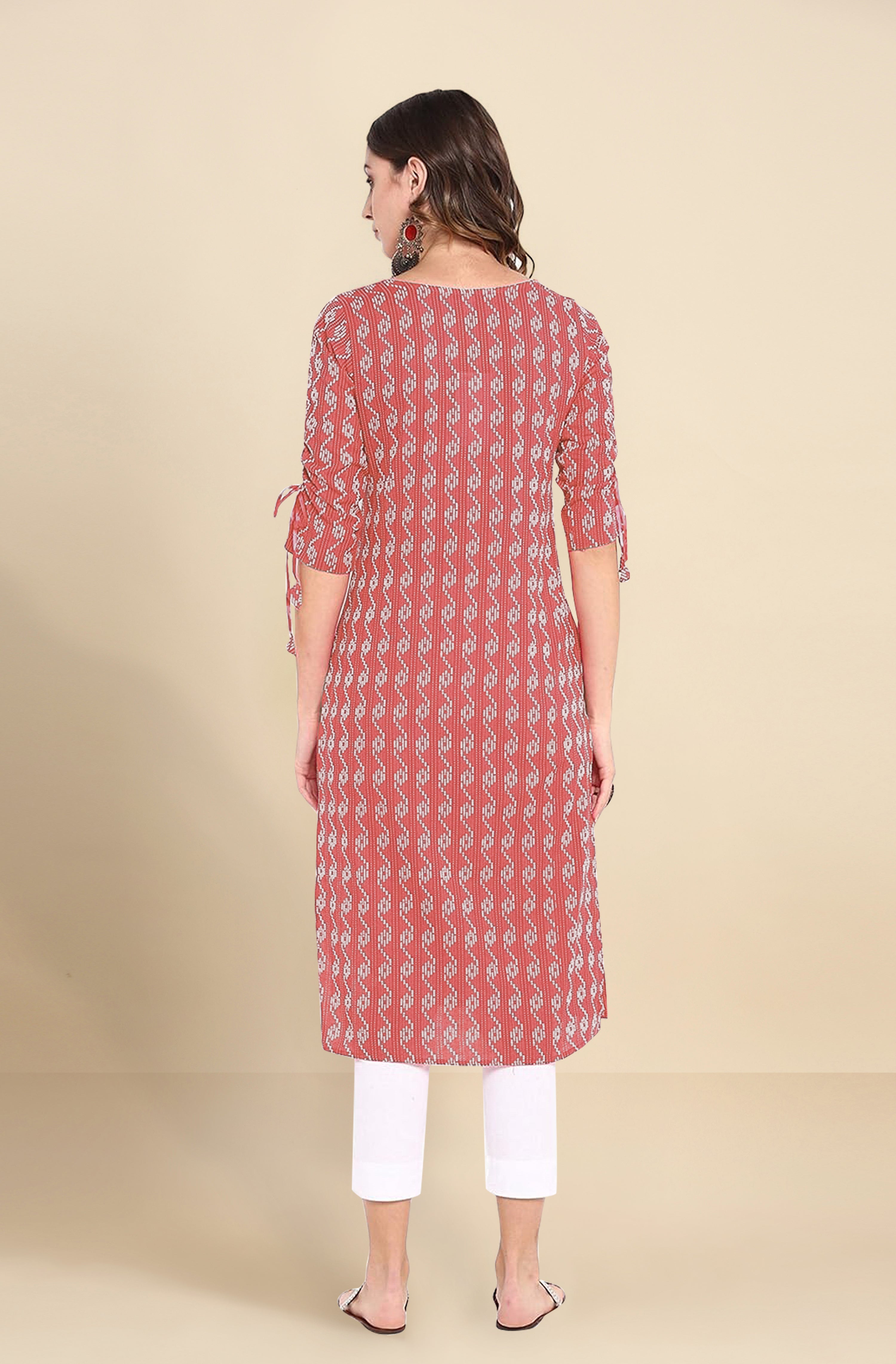 Red Cotton Embroidery Kurti 3/4 Sleeve Calf Length Stright Kurti for Women Trendmalls