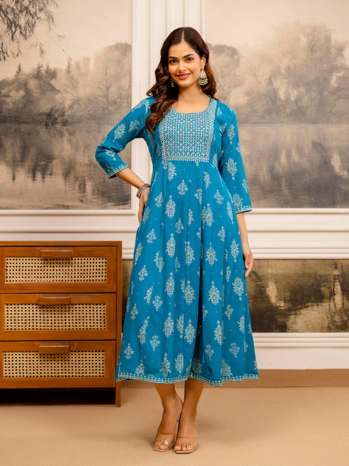 Cotton Embroidery Sequence Work Foil Print A-Line Flared Kurti for Women