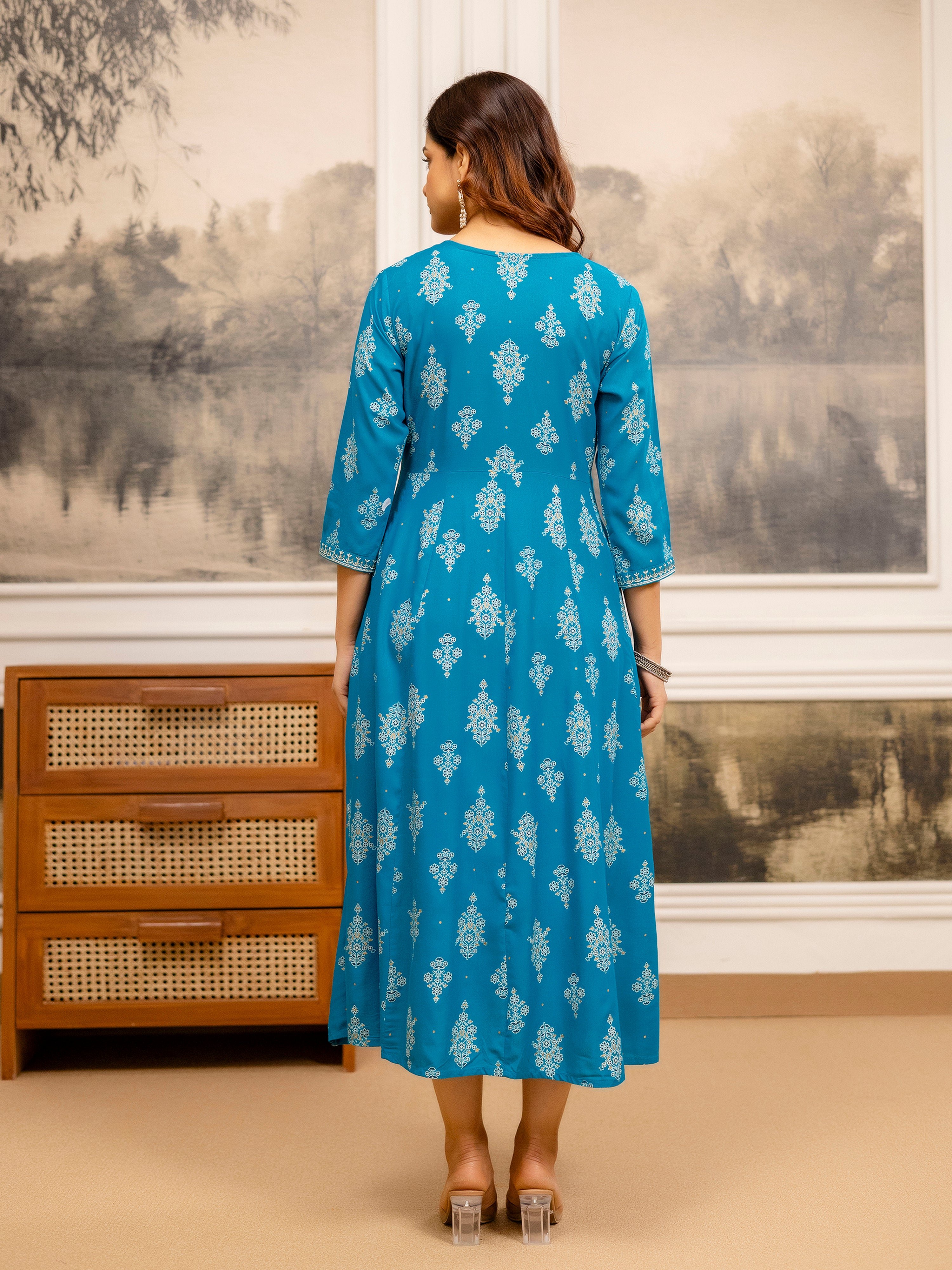 Cotton Embroidery Sequence Work Foil Print A-Line Flared Kurti for Women