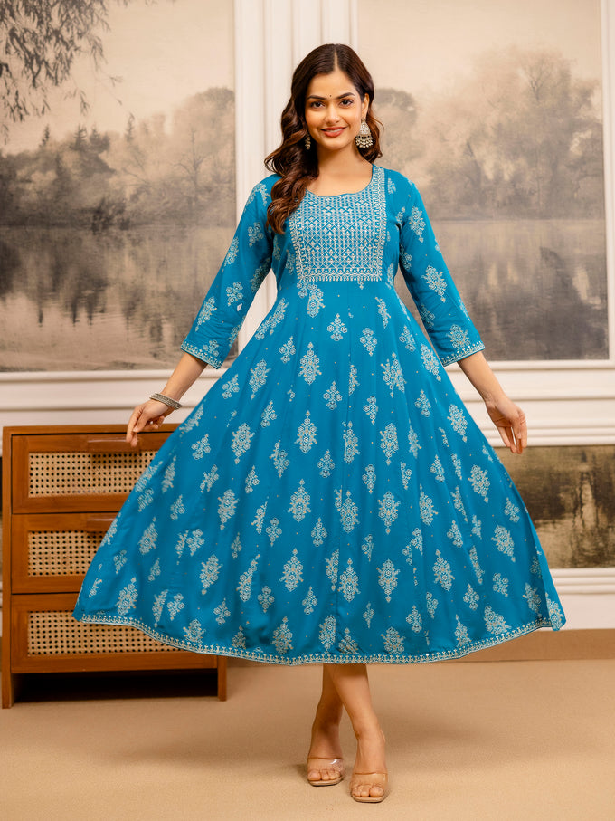 Cotton Embroidery Sequence Work Foil Print A-Line Flared Kurti for Women