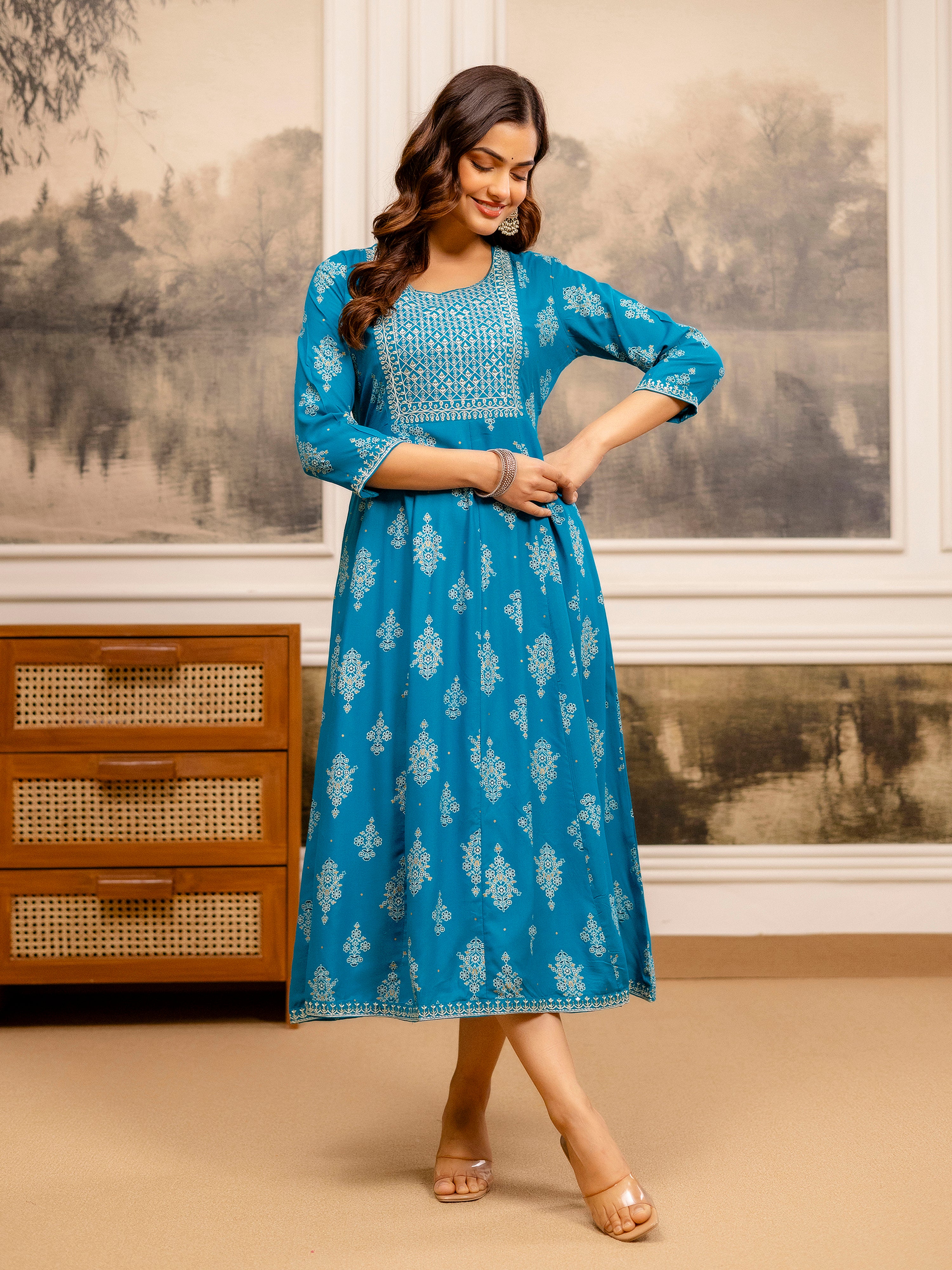 Cotton Embroidery Sequence Work Foil Print A-Line Flared Kurti for Women