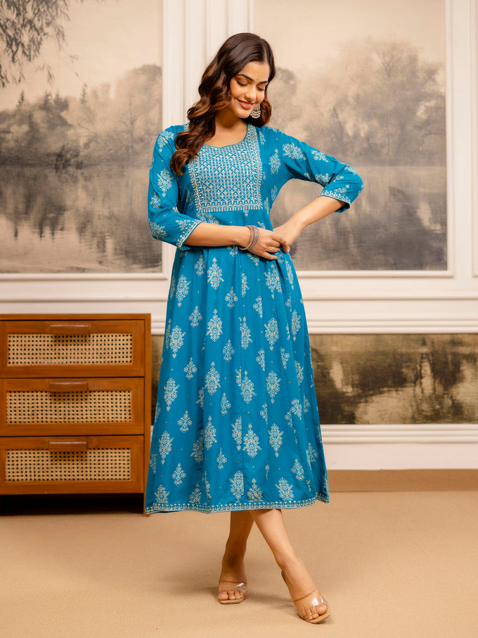 Cotton Embroidery Sequence Work Foil Print A-Line Flared Kurti for Women