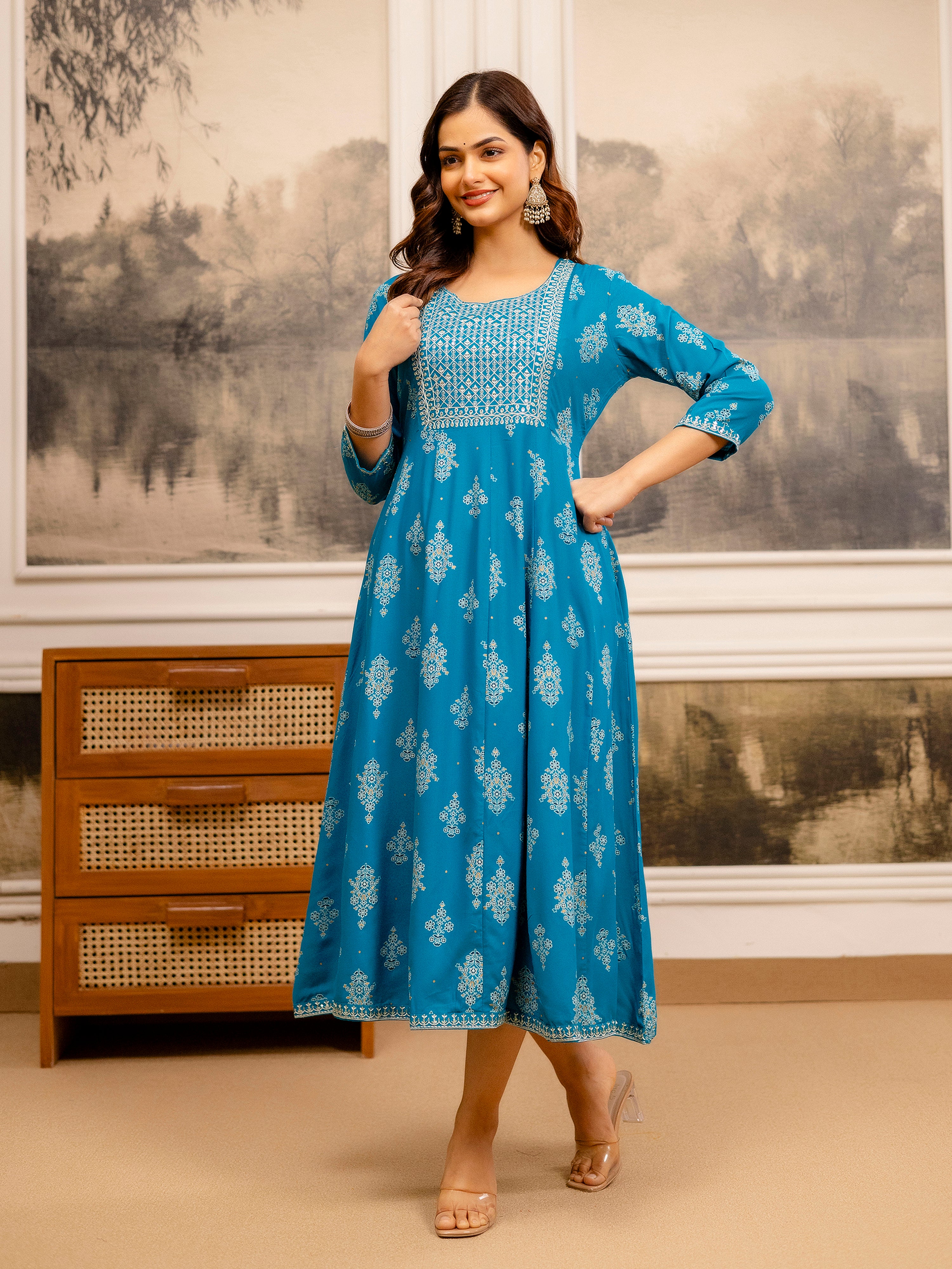 Cotton Embroidery Sequence Work Foil Print A-Line Flared Kurti for Women