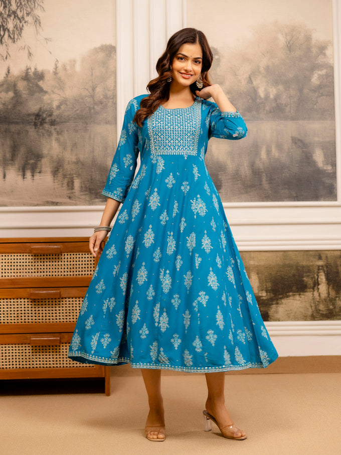 Cotton Embroidery Sequence Work Foil Print A-Line Flared Kurti for Women