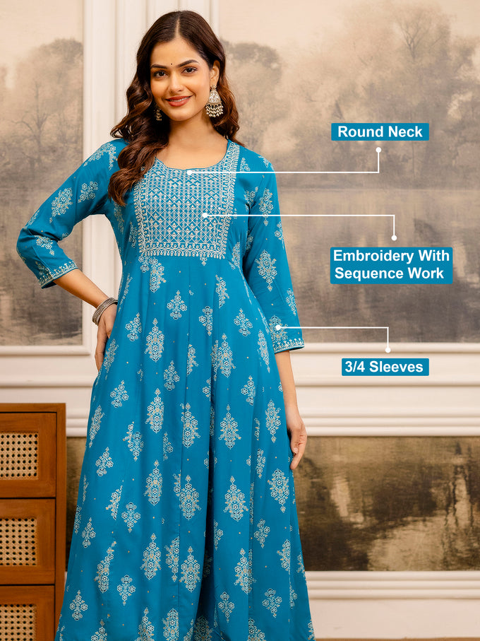 Cotton Embroidery Sequence Work Foil Print A-Line Flared Kurti for Women