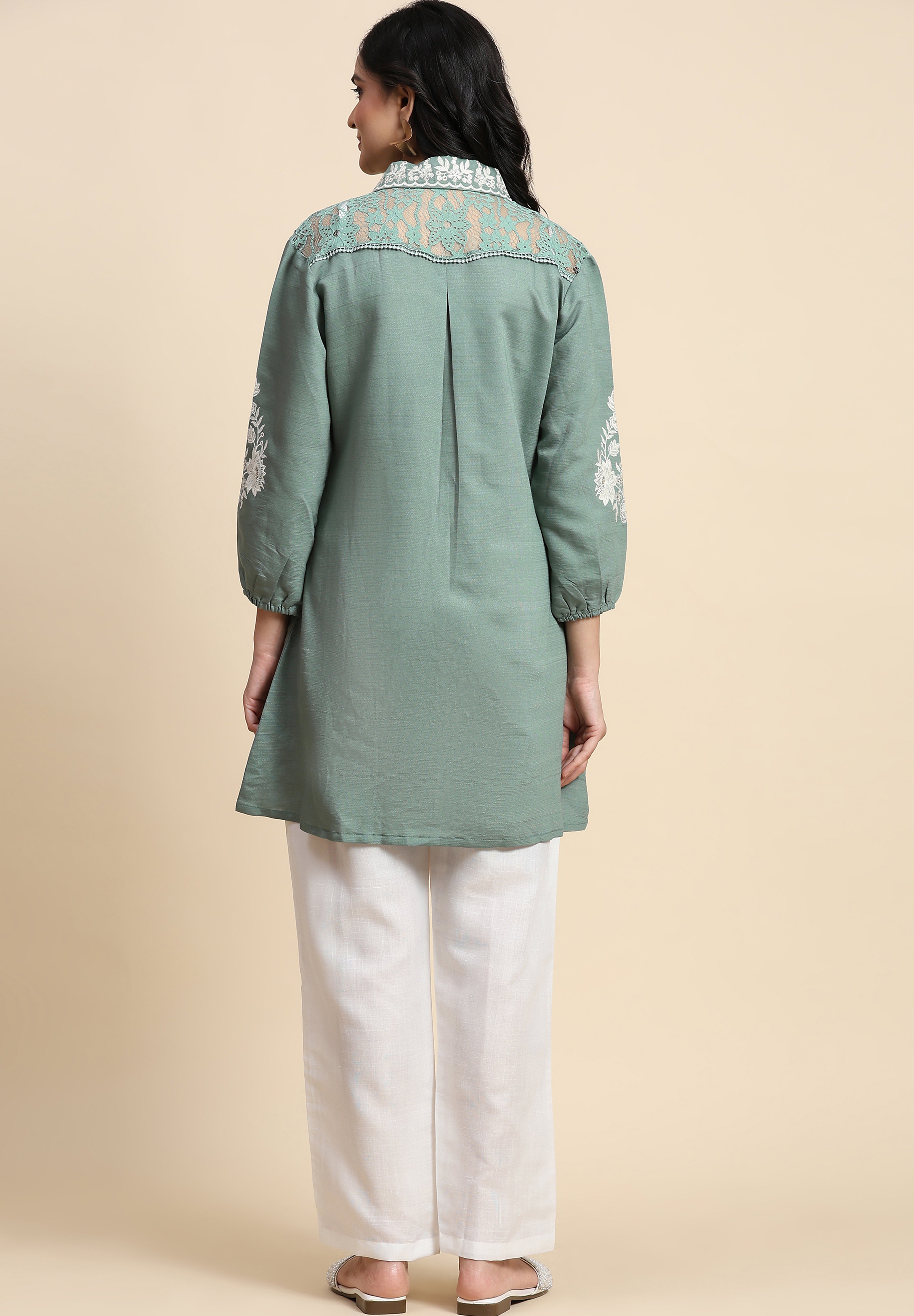 Women's Art Silk Embroidery Kurta - Puff Sleeve A line Short Kurti Style Tunic for Women Trendmallsin