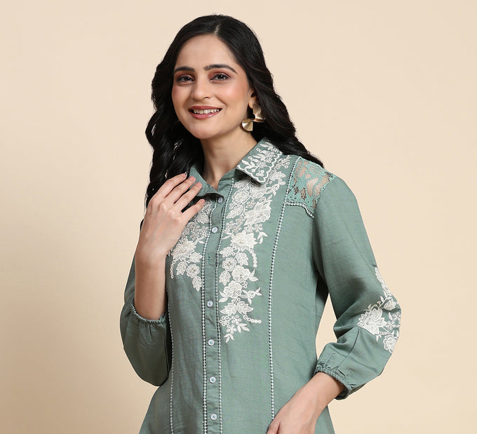 Women's Art Silk Embroidery Kurta - Puff Sleeve A line Short Kurti Style Tunic for Women Trendmallsin