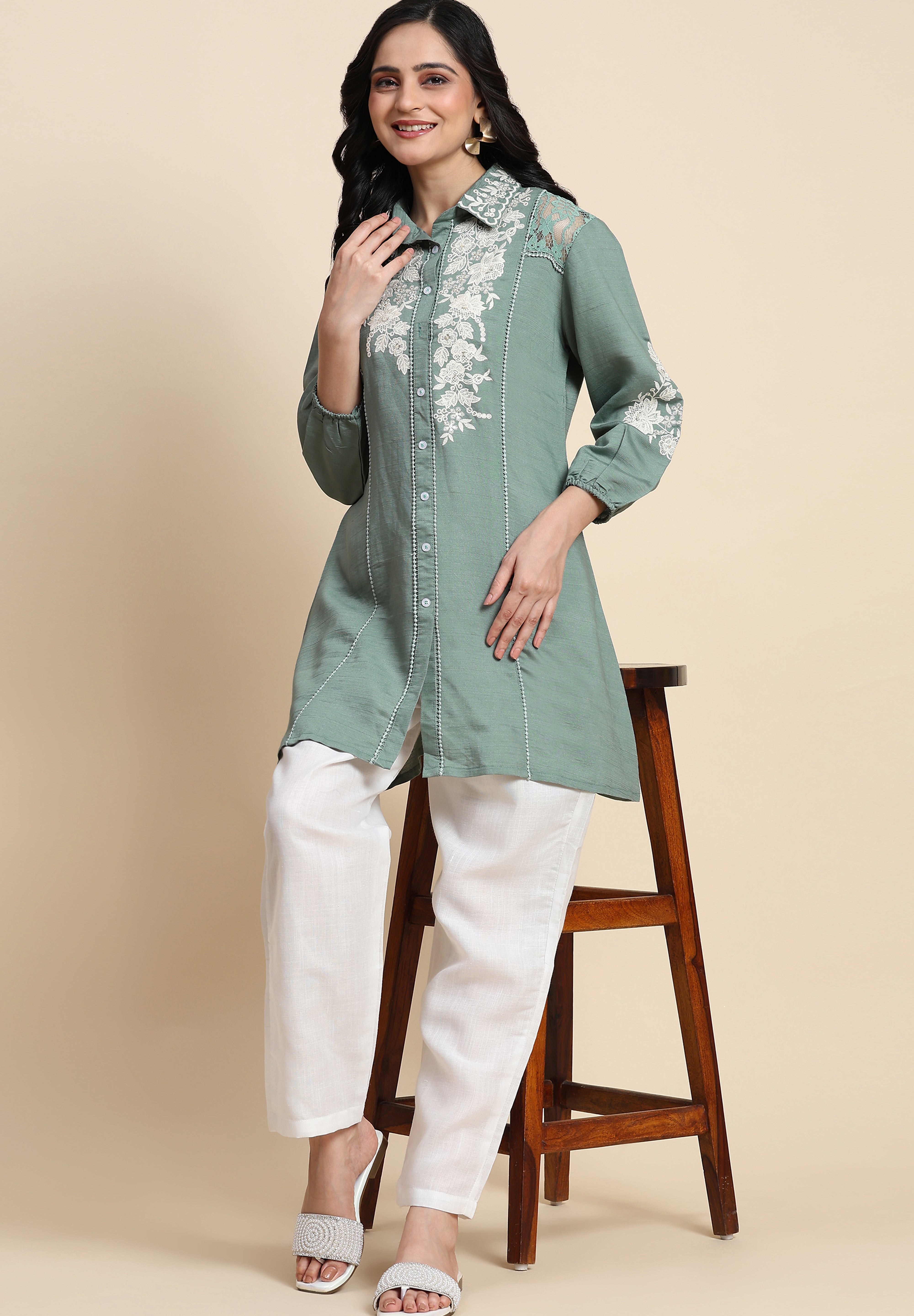 Women's Art Silk Embroidery Kurta - Puff Sleeve A line Short Kurti Style Tunic for Women Trendmallsin