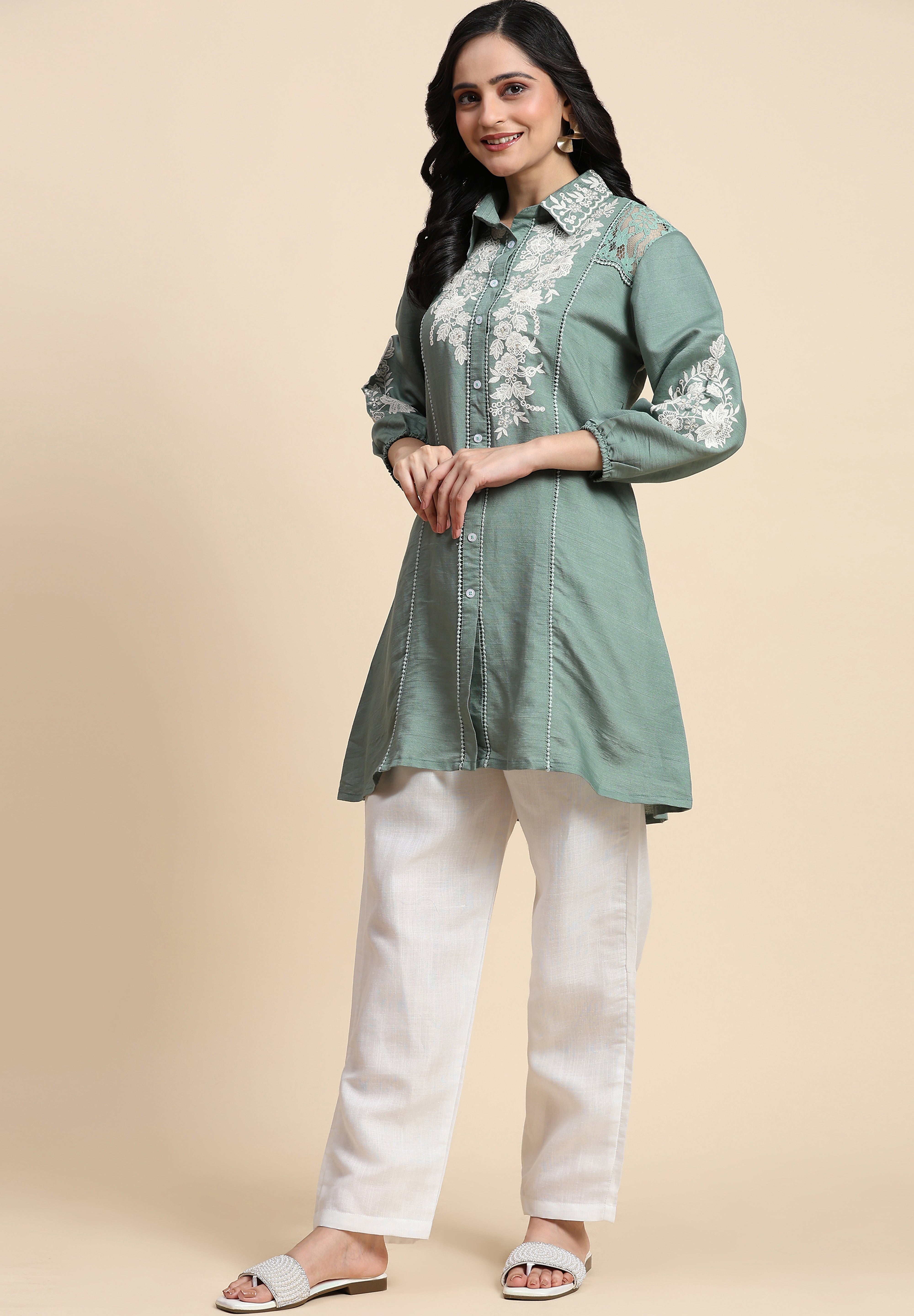 Women's Art Silk Embroidery Kurta - Puff Sleeve A line Short Kurti Style Tunic for Women Trendmallsin