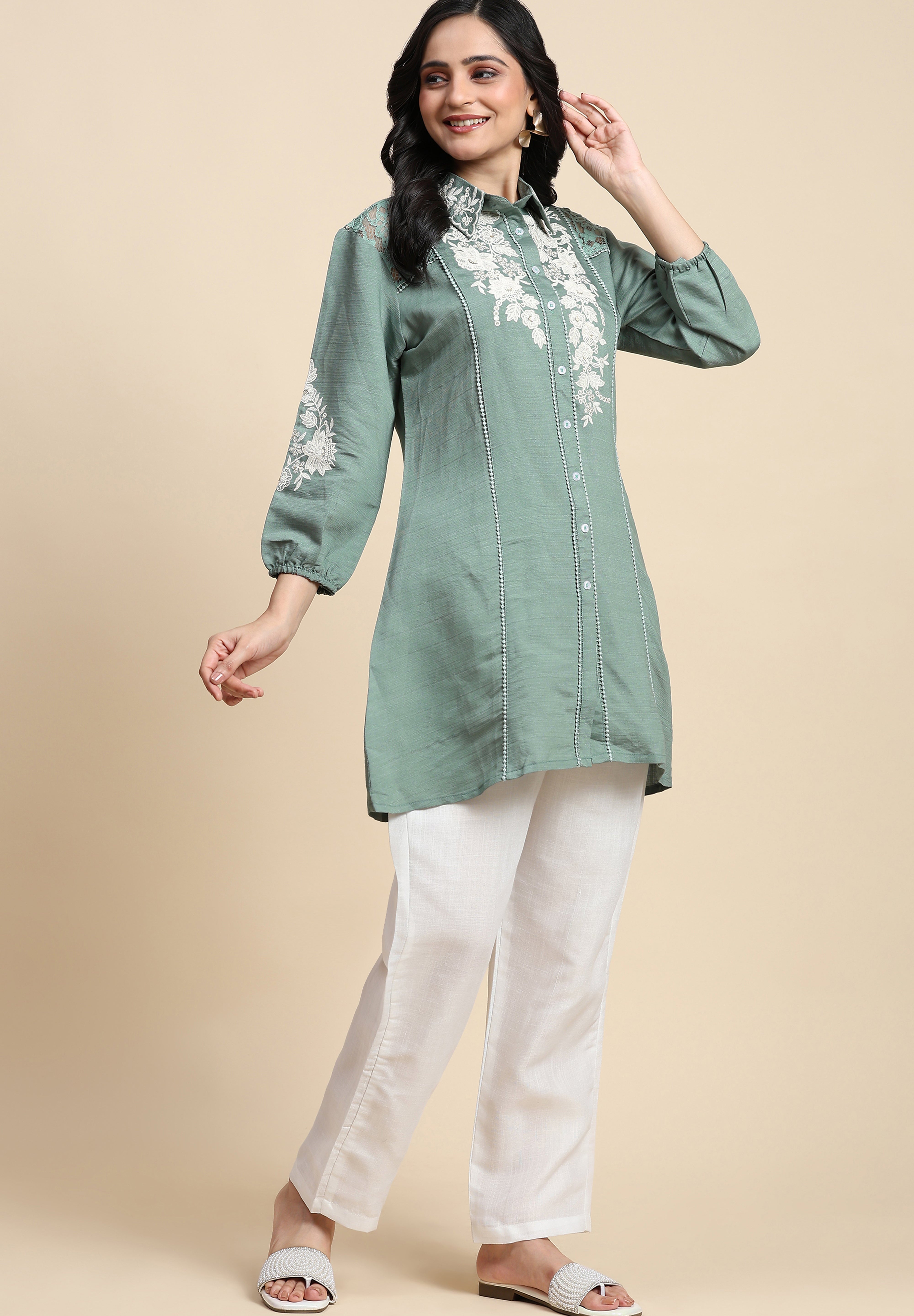 Women's Art Silk Embroidery Kurta - Puff Sleeve A line Short Kurti Style Tunic for Women Trendmallsin