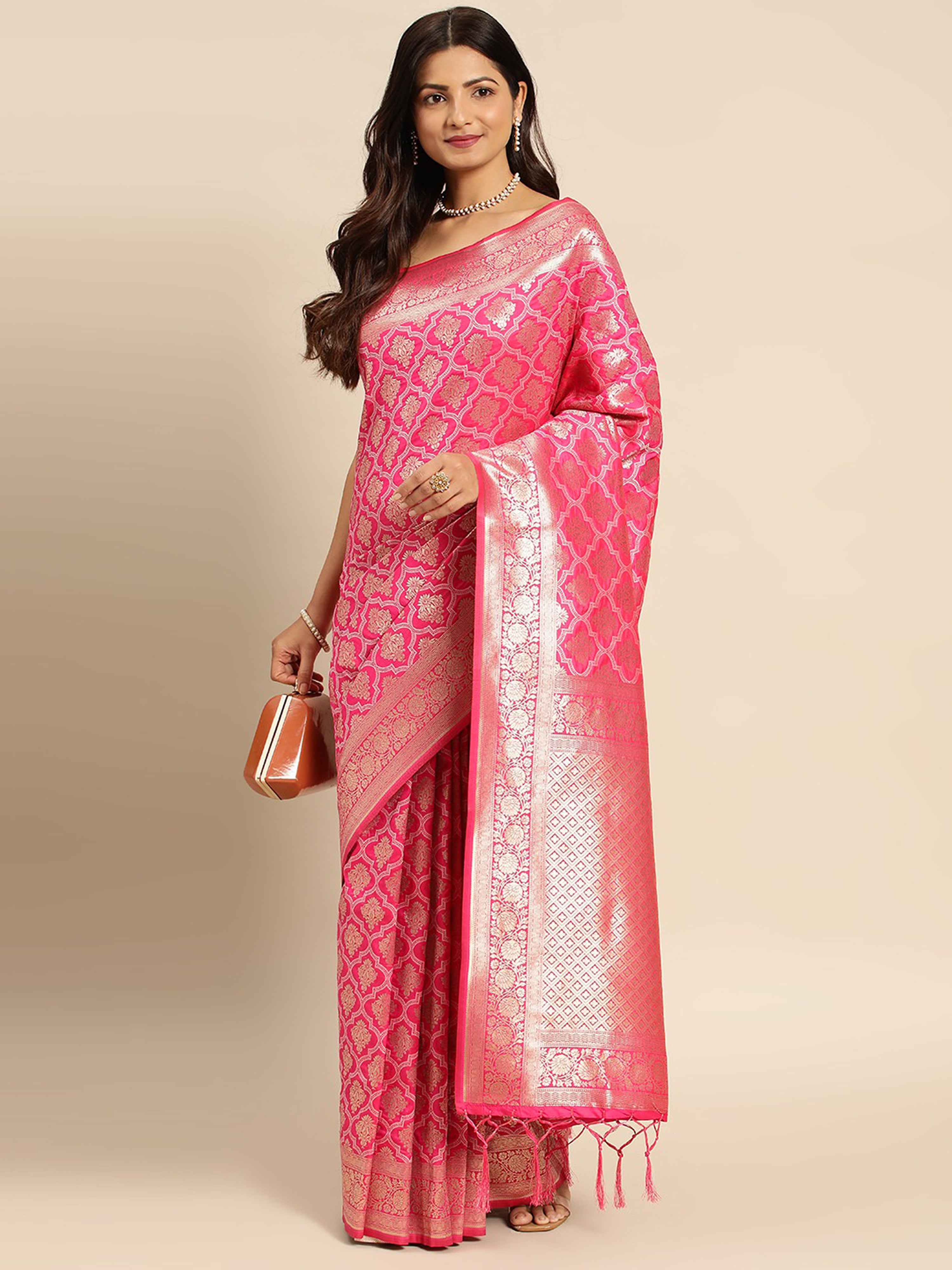 Pink Rich Zari Woven Design Traditional Ethnic Wear Saree With Unstitched Blouse Piece
