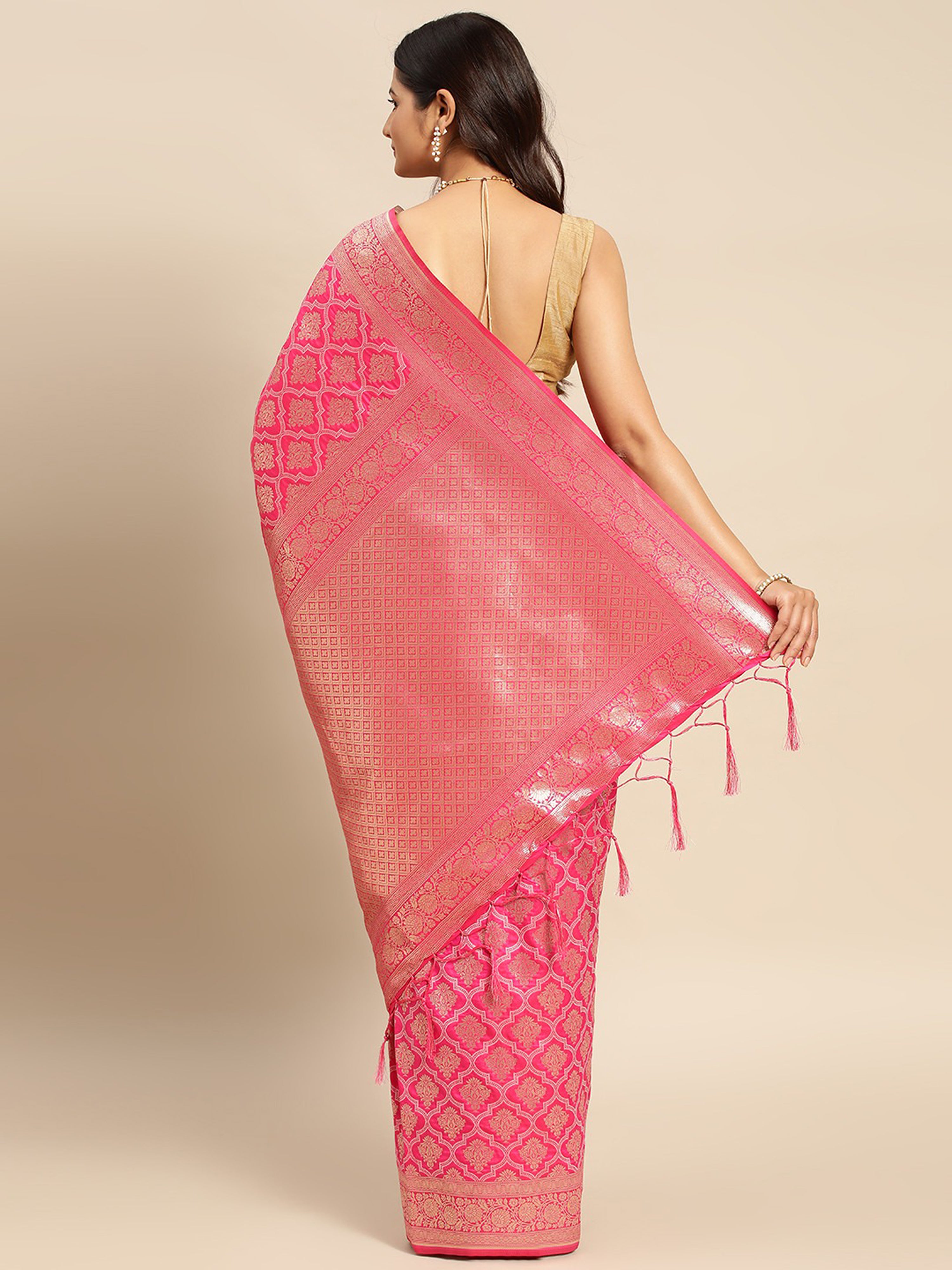 Pink Rich Zari Woven Design Traditional Ethnic Wear Saree With Unstitched Blouse Piece