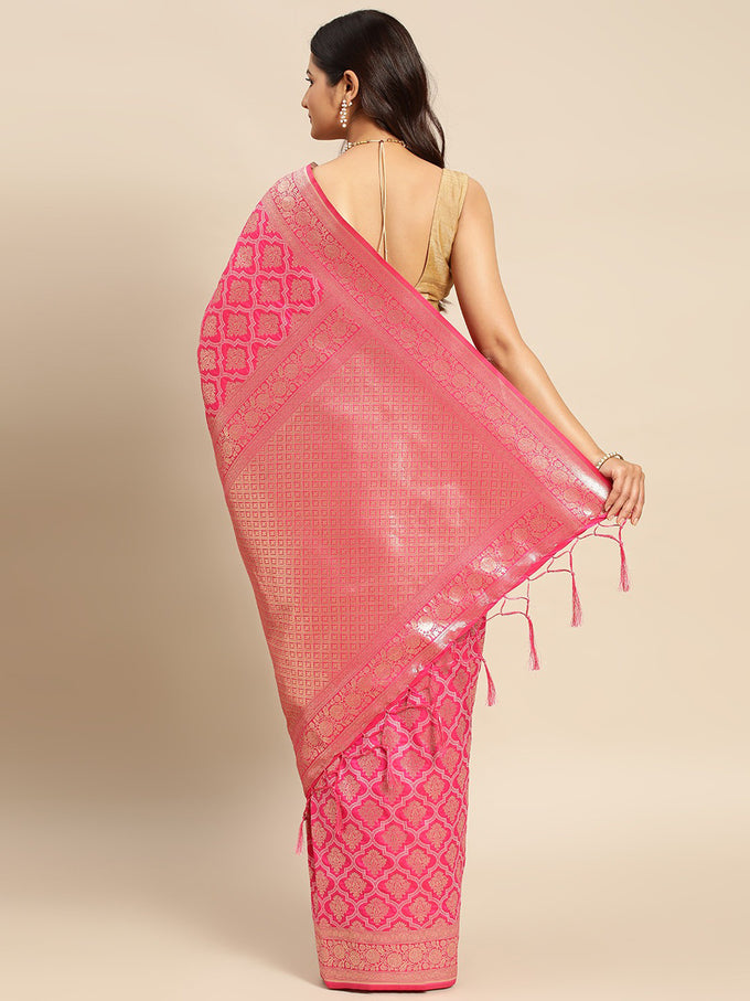 Pink Rich Zari Woven Design Traditional Ethnic Wear Saree With Unstitched Blouse Piece