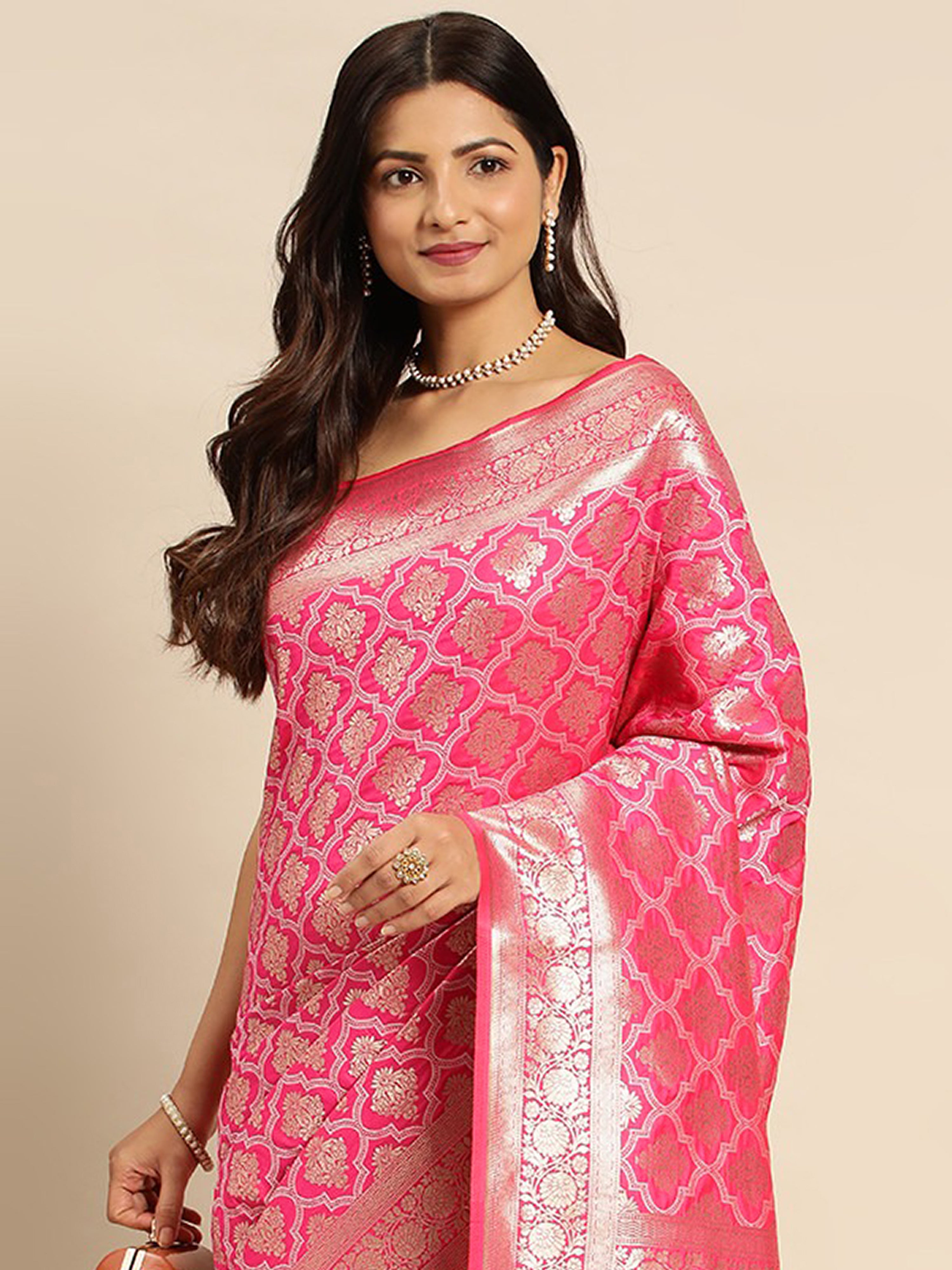 Pink Rich Zari Woven Design Traditional Ethnic Wear Saree With Unstitched Blouse Piece