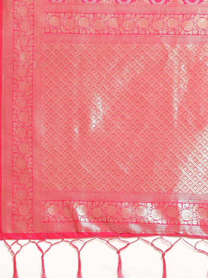Pink Rich Zari Woven Design Traditional Ethnic Wear Saree With Unstitched Blouse Piece