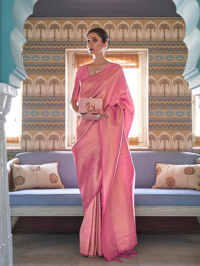 Pink Jaquard Silk Woven Zari Work Traditional Saree With Unstitch Blouse Piece