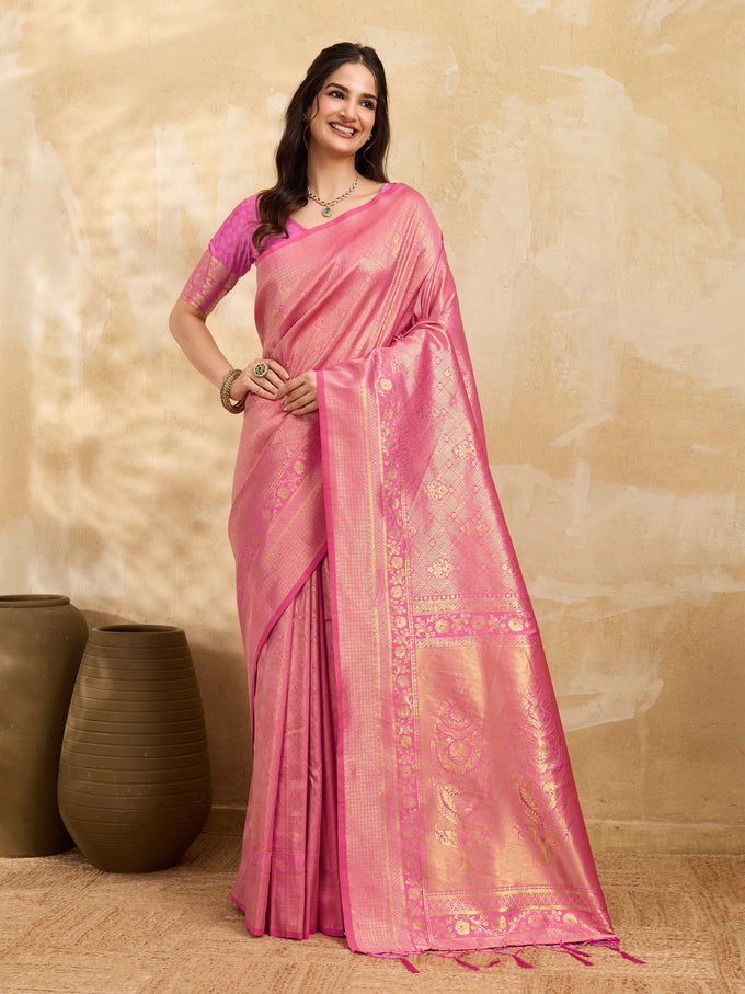 Pink Jaquard Silk Woven Zari Work Traditional Saree With Unstitch Blouse Piece
