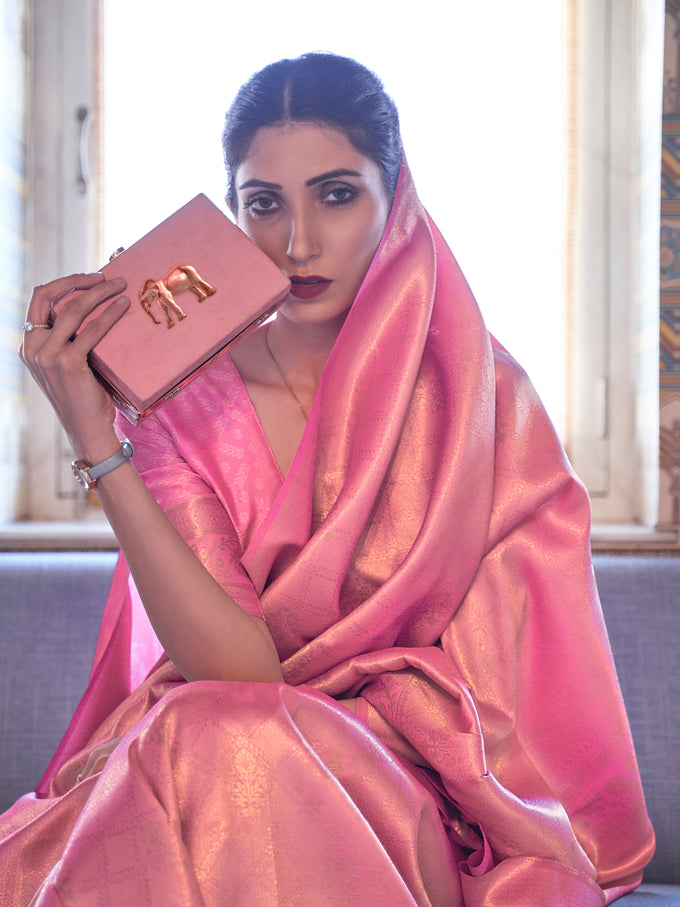 Pink Jaquard Silk Woven Zari Work Traditional Saree With Unstitch Blouse Piece