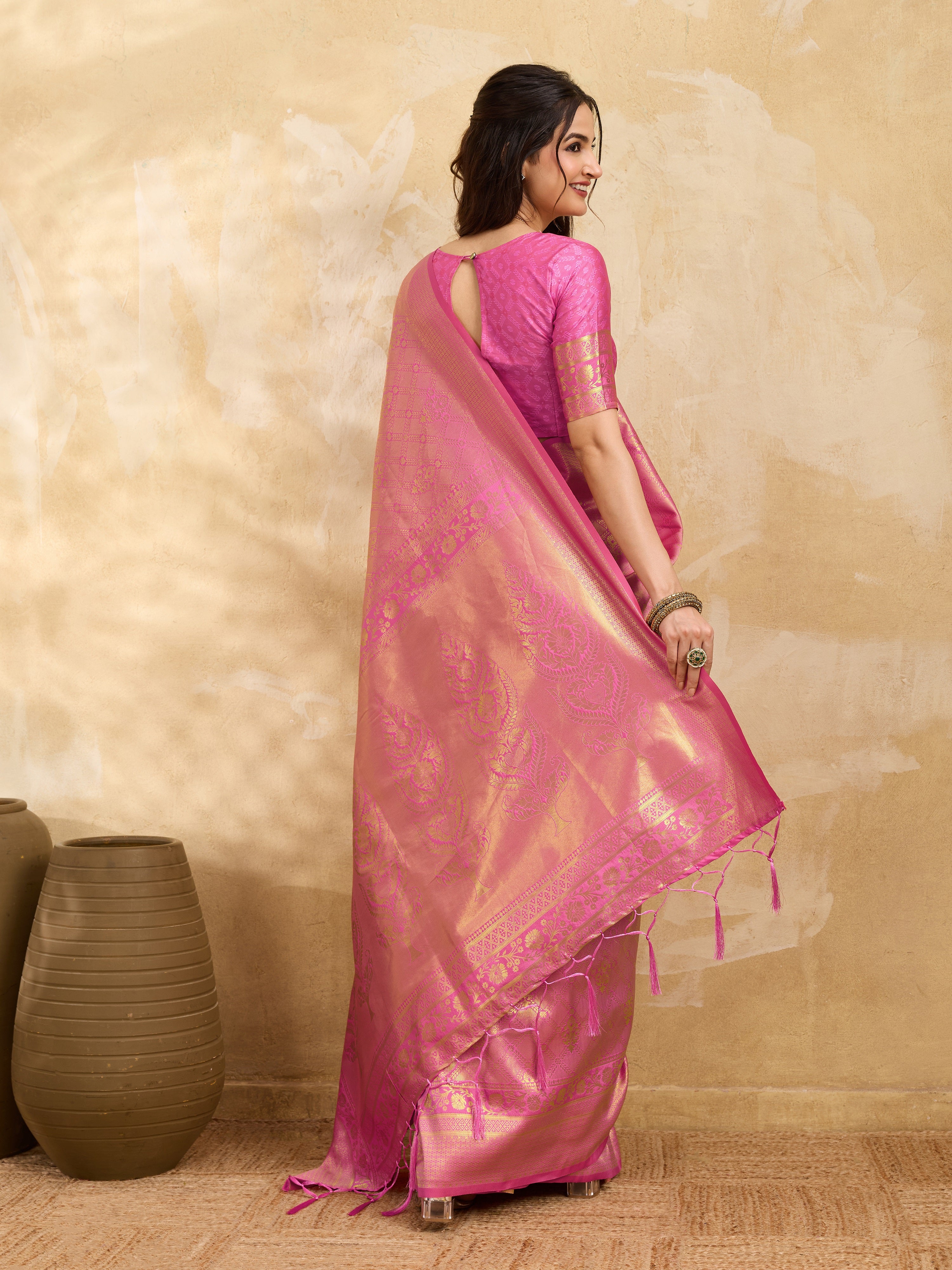 Pink Jaquard Silk Woven Zari Work Traditional Saree With Unstitch Blouse Piece