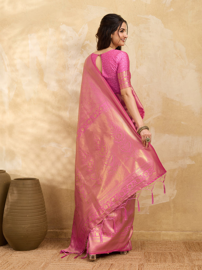 Pink Jaquard Silk Woven Zari Work Traditional Saree With Unstitch Blouse Piece