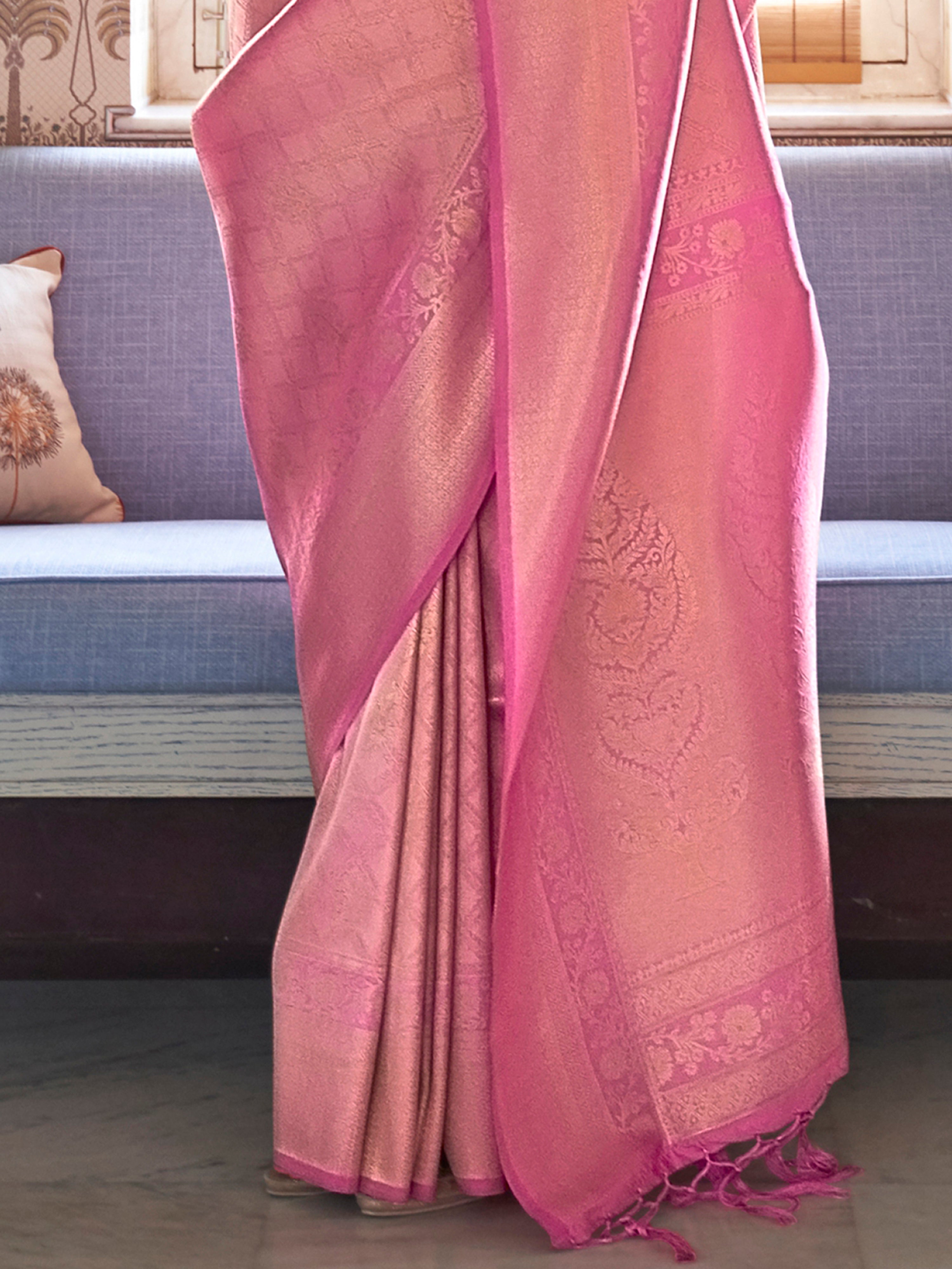 Pink Jaquard Silk Woven Zari Work Traditional Saree With Unstitch Blouse Piece