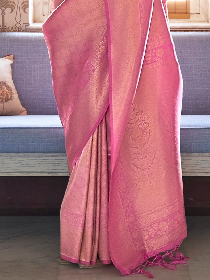 Pink Jaquard Silk Woven Zari Work Traditional Saree With Unstitch Blouse Piece