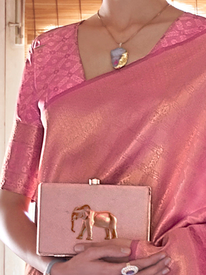 Pink Jaquard Silk Woven Zari Work Traditional Saree With Unstitch Blouse Piece