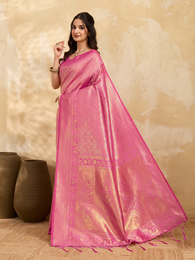 Pink Jaquard Silk Woven Zari Work Traditional Saree With Unstitch Blouse Piece