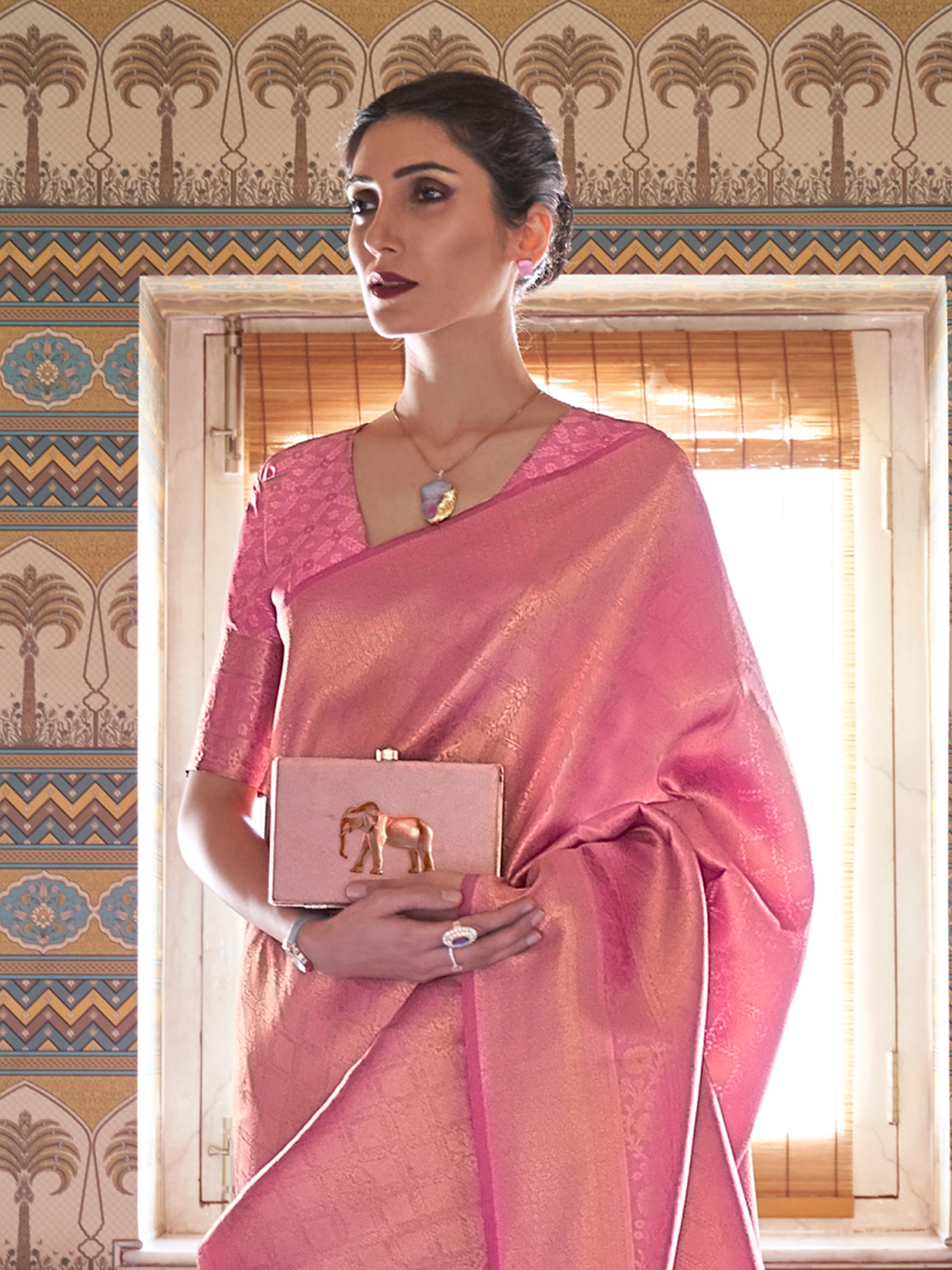 Pink Jaquard Silk Woven Zari Work Traditional Saree With Unstitch Blouse Piece