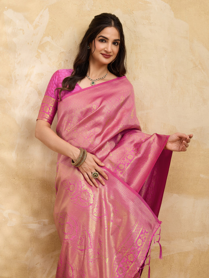 Pink Jaquard Silk Woven Zari Work Traditional Saree With Unstitch Blouse Piece