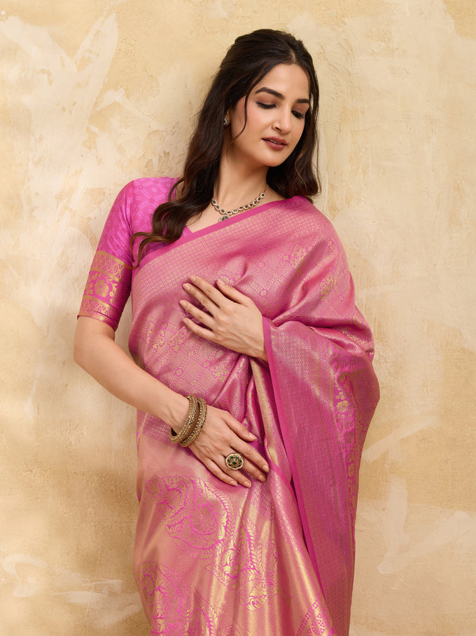 Pink Jaquard Silk Woven Zari Work Traditional Saree With Unstitch Blouse Piece