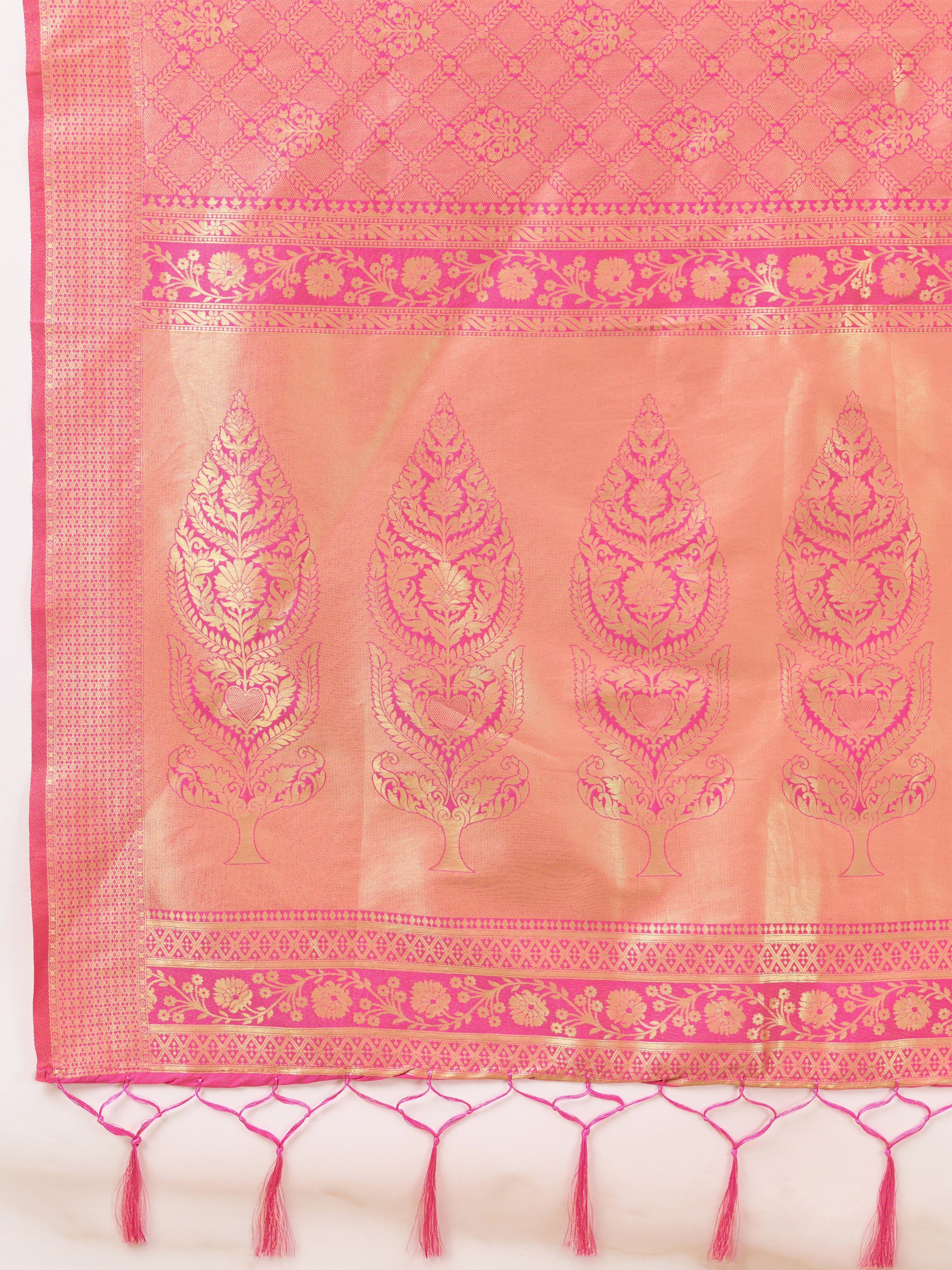 Pink Jaquard Silk Woven Zari Work Traditional Saree With Unstitch Blouse Piece