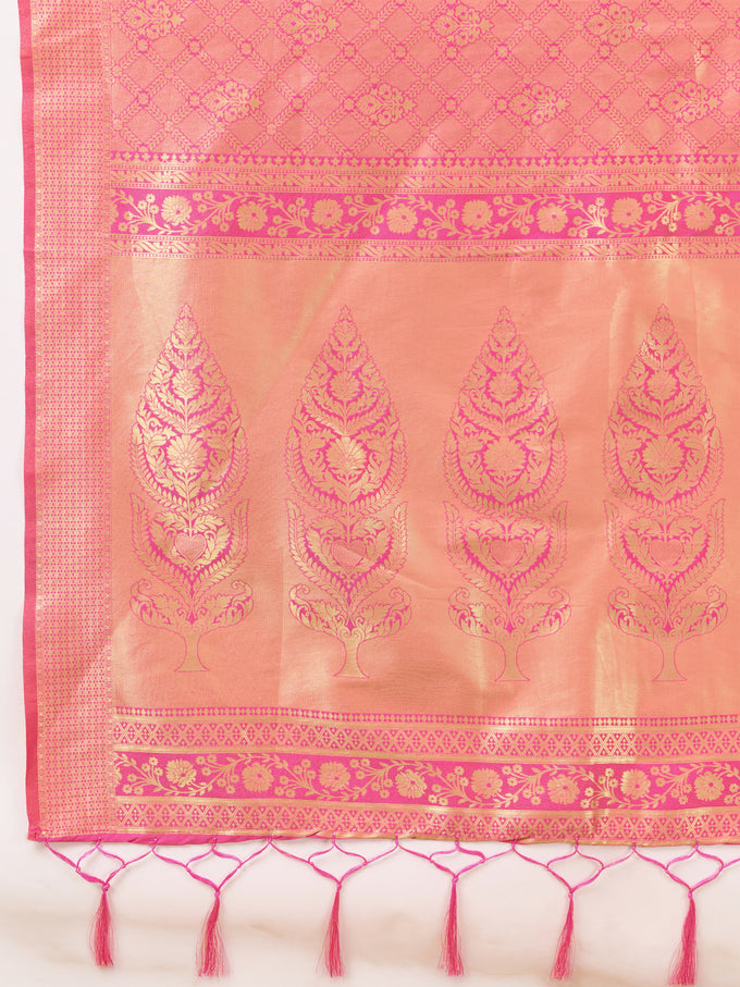 Pink Jaquard Silk Woven Zari Work Traditional Saree With Unstitch Blouse Piece
