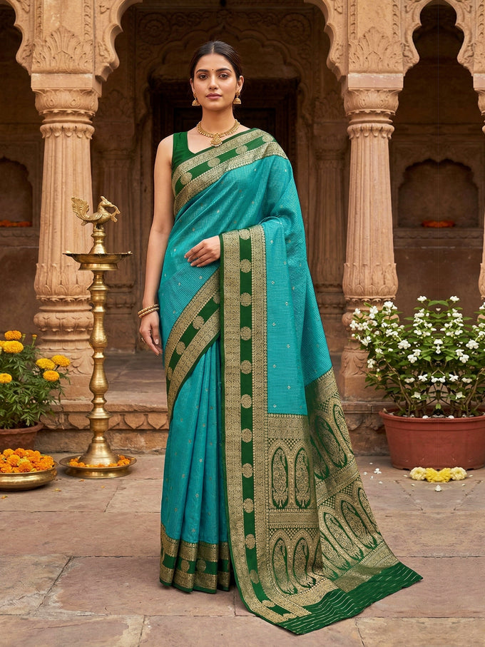 GreenSkyBlue Jacquard Silk Woven Zari Work Rich Pallu Traditional Saree With Unstitch Blose Piece