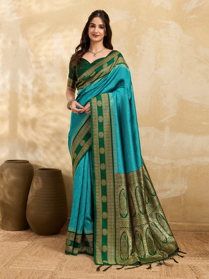 GreenSkyBlue Jacquard Silk Woven Zari Work Rich Pallu Traditional Saree With Unstitch Blose Piece