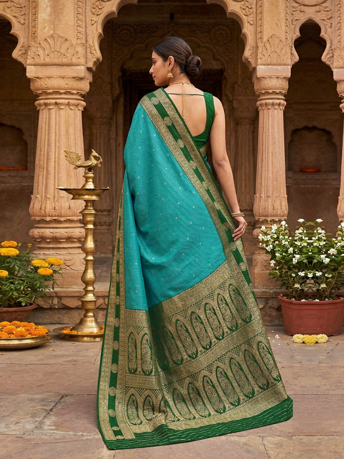 GreenSkyBlue Jacquard Silk Woven Zari Work Rich Pallu Traditional Saree With Unstitch Blose Piece