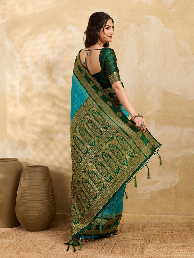 GreenSkyBlue Jacquard Silk Woven Zari Work Rich Pallu Traditional Saree With Unstitch Blose Piece