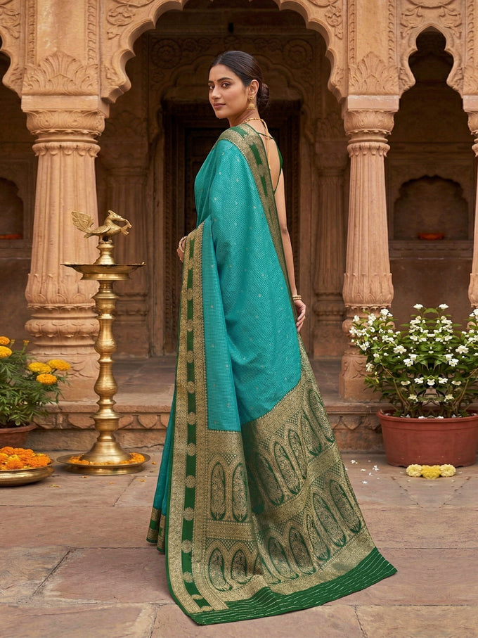 GreenSkyBlue Jacquard Silk Woven Zari Work Rich Pallu Traditional Saree With Unstitch Blose Piece