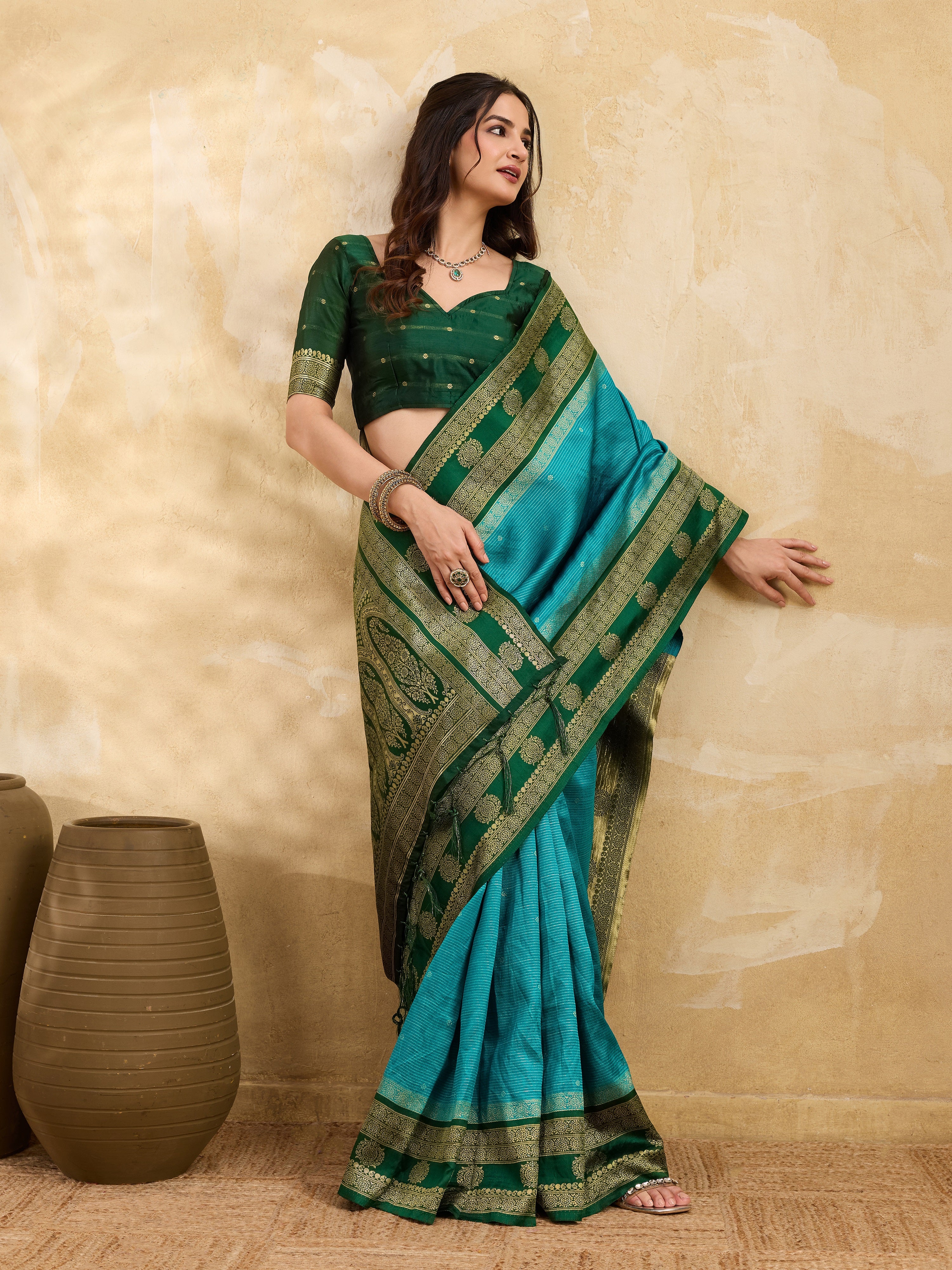 GreenSkyBlue Jacquard Silk Woven Zari Work Rich Pallu Traditional Saree With Unstitch Blose Piece