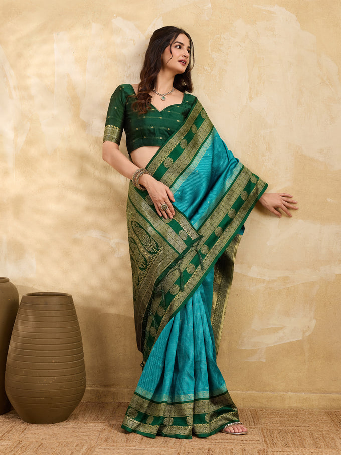 GreenSkyBlue Jacquard Silk Woven Zari Work Rich Pallu Traditional Saree With Unstitch Blose Piece