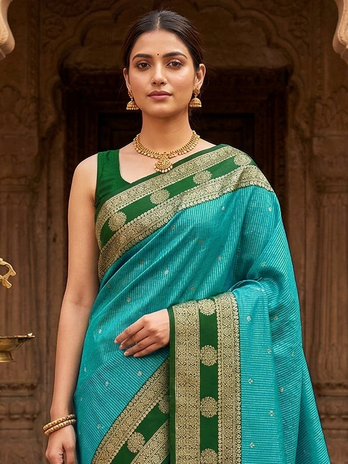 GreenSkyBlue Jacquard Silk Woven Zari Work Rich Pallu Traditional Saree With Unstitch Blose Piece