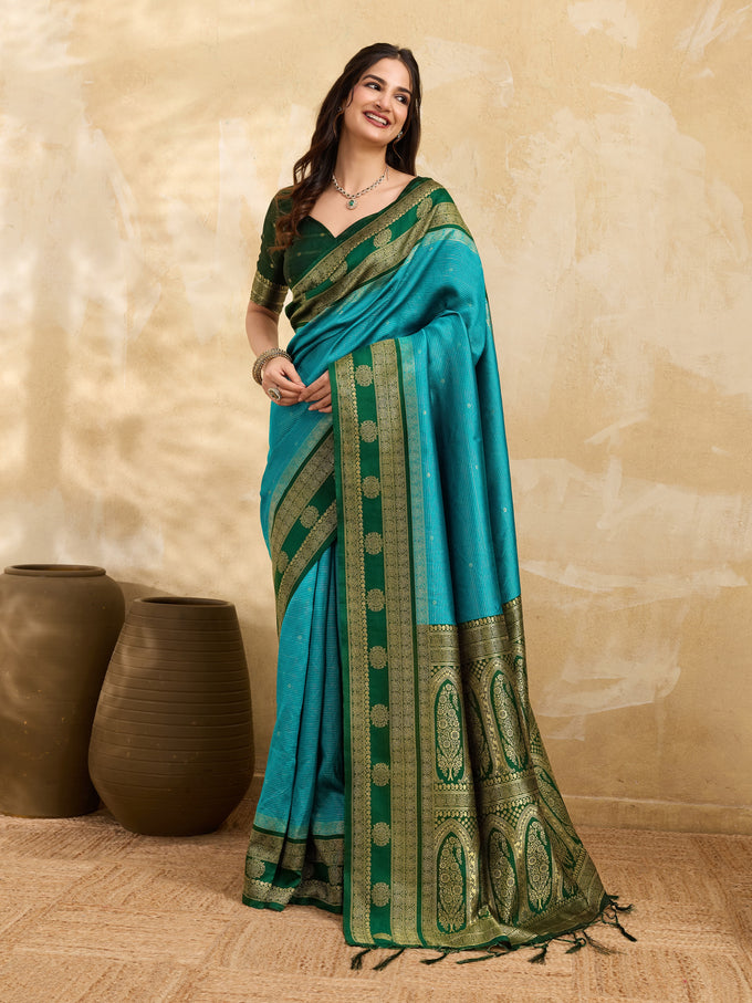 GreenSkyBlue Jacquard Silk Woven Zari Work Rich Pallu Traditional Saree With Unstitch Blose Piece