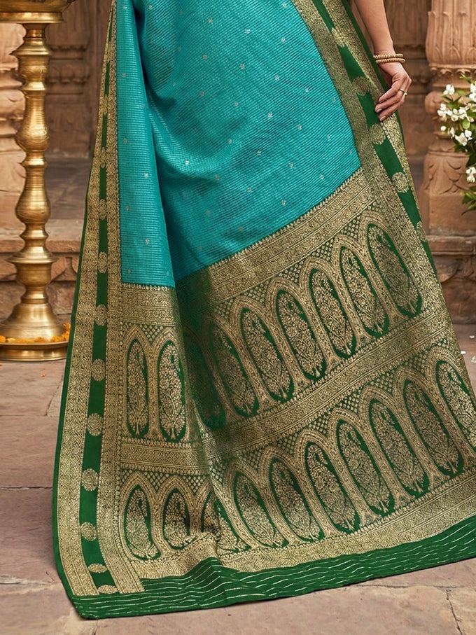 GreenSkyBlue Jacquard Silk Woven Zari Work Rich Pallu Traditional Saree With Unstitch Blose Piece