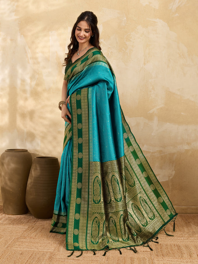 GreenSkyBlue Jacquard Silk Woven Zari Work Rich Pallu Traditional Saree With Unstitch Blose Piece
