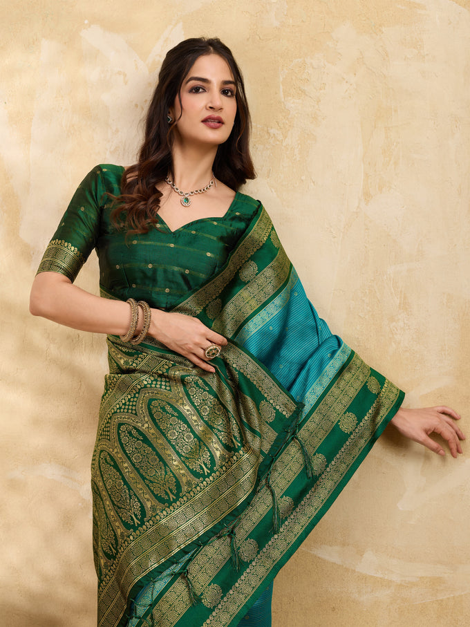 GreenSkyBlue Jacquard Silk Woven Zari Work Rich Pallu Traditional Saree With Unstitch Blose Piece