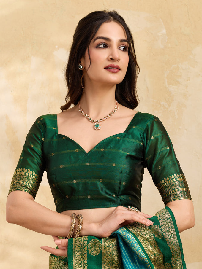 GreenSkyBlue Jacquard Silk Woven Zari Work Rich Pallu Traditional Saree With Unstitch Blose Piece