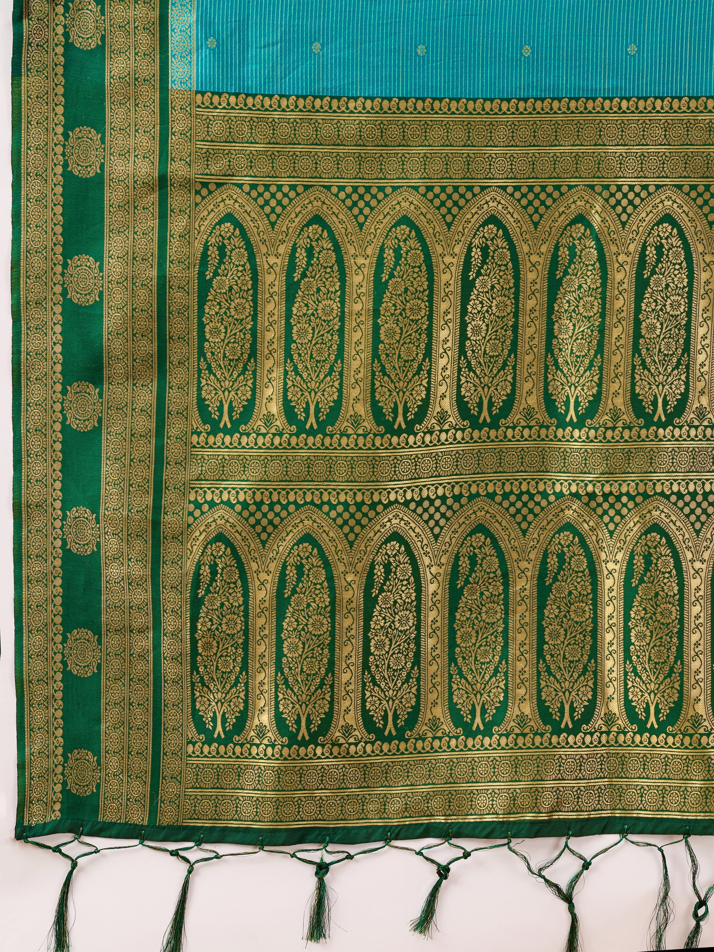 GreenSkyBlue Jacquard Silk Woven Zari Work Rich Pallu Traditional Saree With Unstitch Blose Piece
